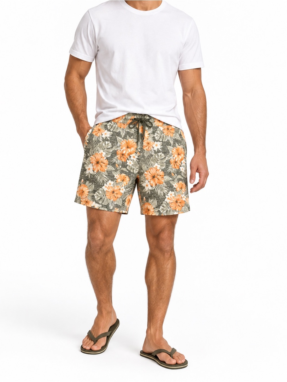 Macpac Orange Floral Swim Board Shorts with Olive Base